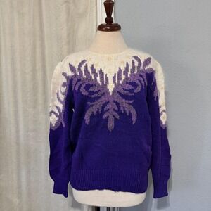 Vintage 80s Christine Women Purple Beaded Angora Wool Blend Metallic Sweater M